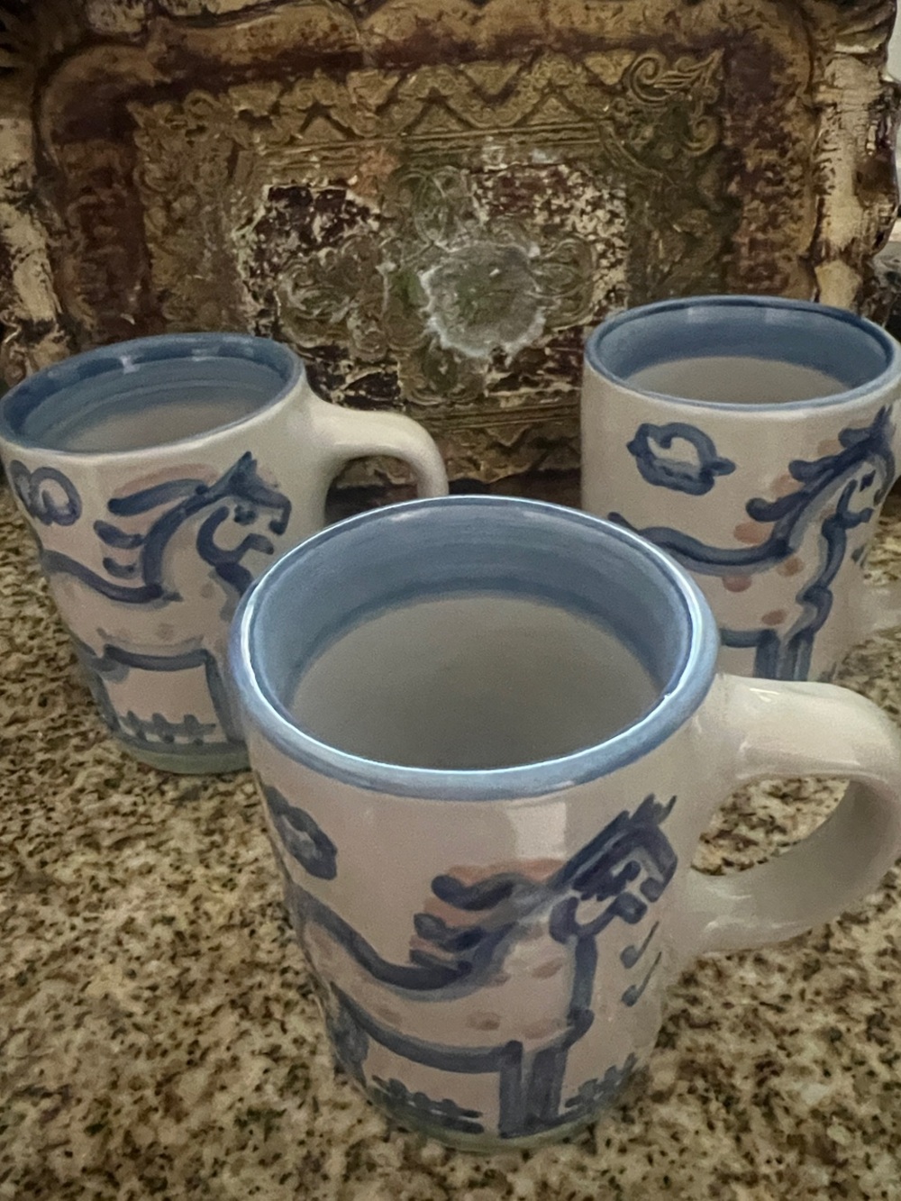 RARE VINTAGE MA HADLEY Hand-Painted Blue Horse Art Mugs-set of 3 - Picture 3 of 7